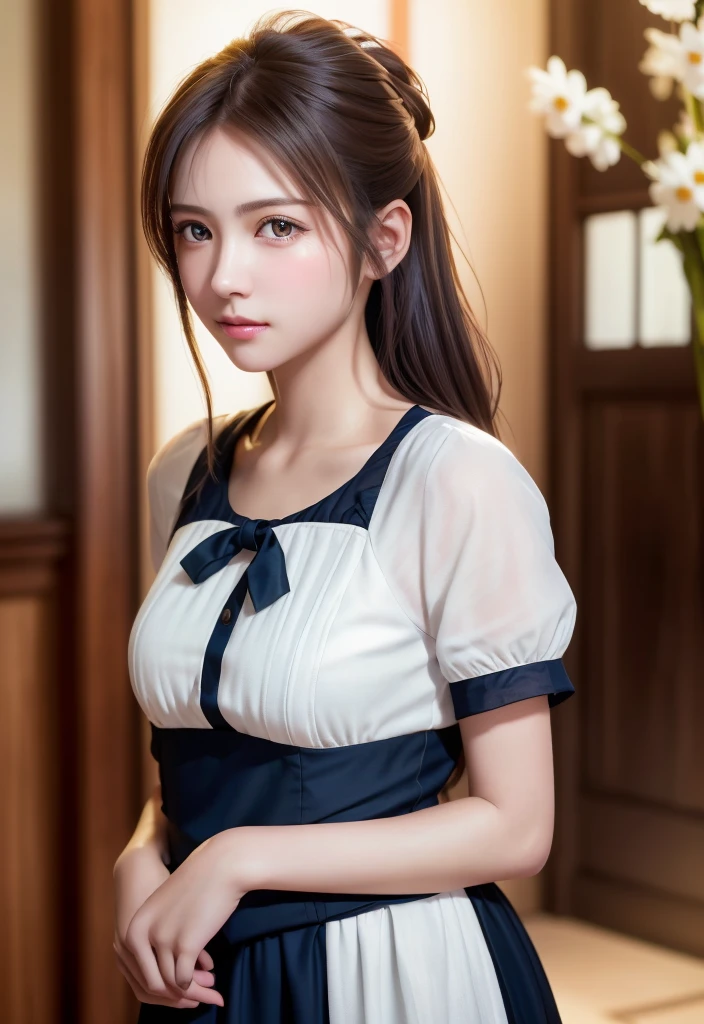 8K, of the highest quality, masutepiece:1.2), (Realistic, Photorealsitic:1.37), of the highest quality, masutepiece, Beautiful young woman, Pensive expression,、A charming、and an inviting look, Cute Maid Clothes, Hair tied back, Cinematic background, Light skin tone