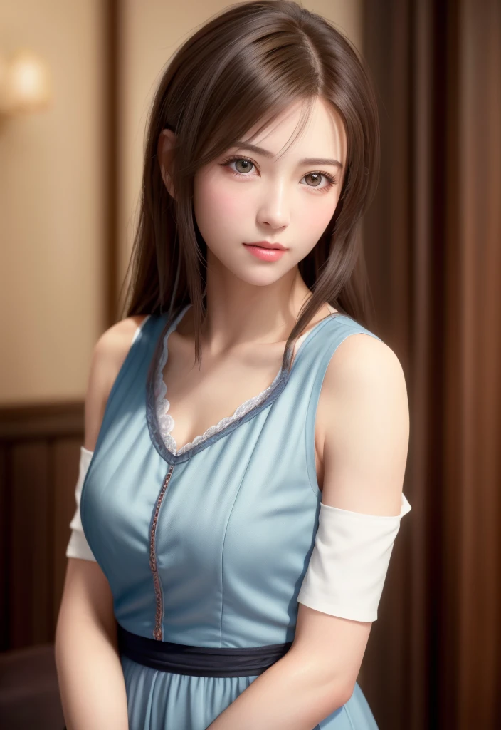 8K, of the highest quality, masutepiece:1.2), (Realistic, Photorealsitic:1.37), of the highest quality, masutepiece, Beautiful young woman, Pensive expression,、A charming、and an inviting look, Cute Maid Clothes, Hair tied back, Cinematic background, Light skin tone