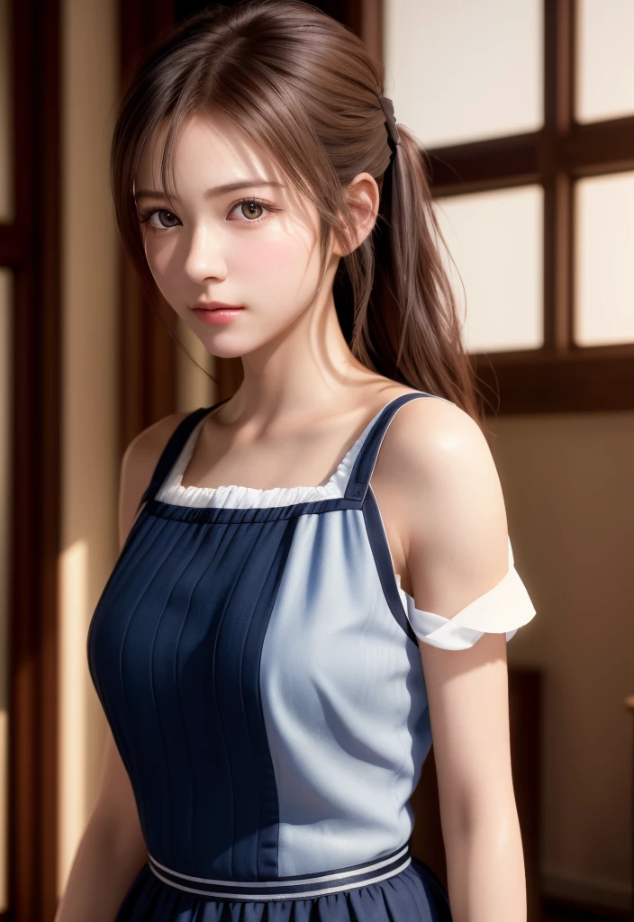 8K, of the highest quality, masutepiece:1.2), (Realistic, Photorealsitic:1.37), of the highest quality, masutepiece, Beautiful young woman, Pensive expression,、A charming、and an inviting look, Cute Maid Clothes, Hair tied back, Cinematic background, Light skin tone
