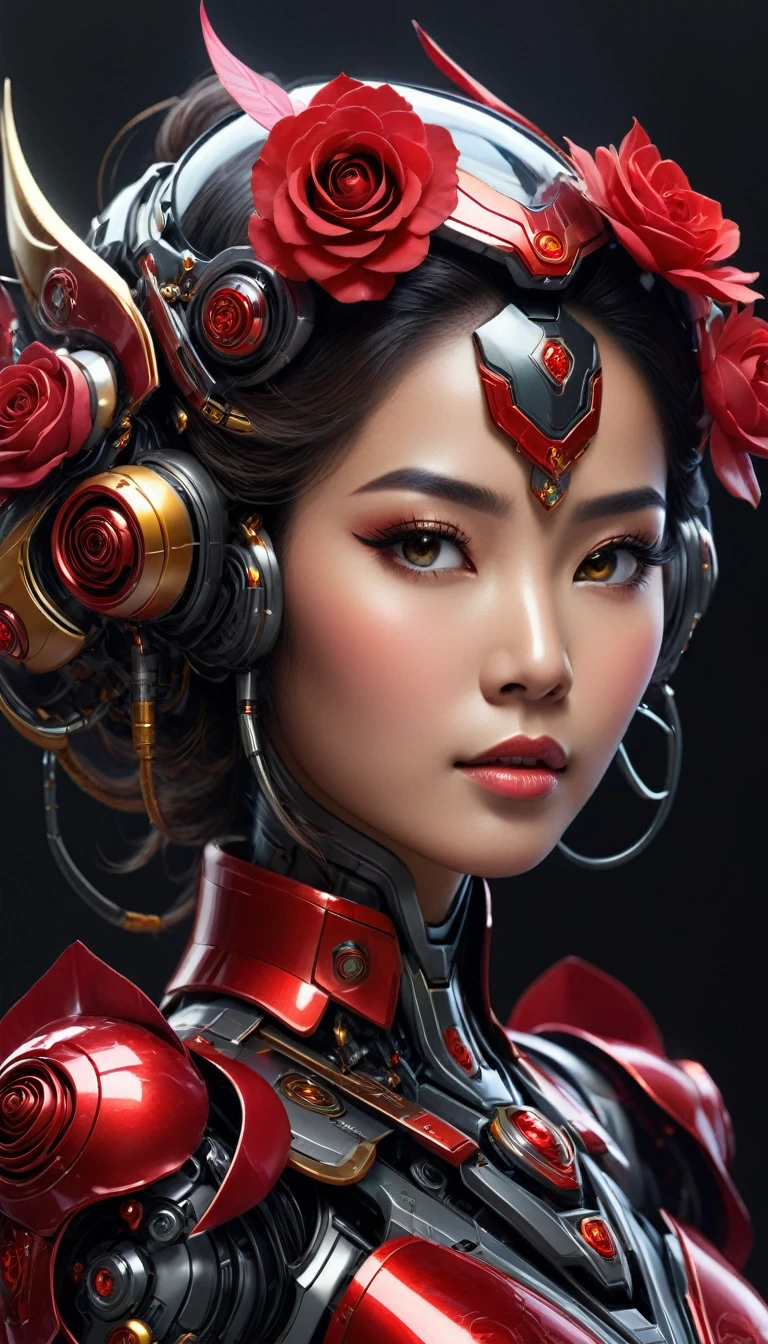 Here's an updated image prompt that includes a full-body shot of the Malay woman in the mecha:
"Create a hyper-realistic digital artwork featuring a futuristic mecha with a unique, intricately designed body that resembles a red rose. The mecha's body should be rendered in exquisite detail, with delicate petals unfolding from its core to reveal a glowing, iridescent red crystal at its center. The crystal should emit a soft, pulsing light that casts a warm glow on the surrounding environment.
The mecha's surface should be adorned with intricate, swirling patterns that evoke the beauty of nature, with subtle shading and texture that gives the impression of delicate, almost translucent petals. The overall design should exude a sense of elegance and sophistication, as if the mecha were a living, breathing creature.
The mecha's head should be designed with an open-face helmet, revealing a beautiful Malay woman's face with a stunning widow's peak hairstyle. The face should be rendered in photorealistic detail, with subtle skin texture and facial expressions that convey a sense of calm and serenity. The eyes should be bright and expressive, with a subtle shine that suggests a sense of intelligence and awareness.
The Malay woman's body should be depicted in a full-body shot, with a flowing, elegant design that complements the mecha's body. The outfit should be a fusion of traditional Malay clothing and futuristic elements, with intricate details and textures that reflect the rich cultural heritage of Malay culture.
The overall design should be a beautiful representation of Malay beauty and elegance, with a sense of strength and power emanating from the mecha's design. The image should be rendered in stunning, photorealistic detail, with attention paid to every aspect of the design, from the delicate texture of the petals to the subtle glow of the crystal.
In the background, create a subtle, gradient-like effect that suggests a warm, sunset-inspired color palette, with