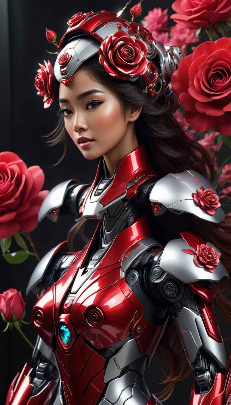 Here's an updated image prompt that includes a full-body shot of the Malay woman in the mecha:
"Create a hyper-realistic digital artwork featuring a futuristic mecha with a unique, intricately designed body that resembles a red rose. The mecha's body should be rendered in exquisite detail, with delicate petals unfolding from its core to reveal a glowing, iridescent red crystal at its center. The crystal should emit a soft, pulsing light that casts a warm glow on the surrounding environment.
The mecha's surface should be adorned with intricate, swirling patterns that evoke the beauty of nature, with subtle shading and texture that gives the impression of delicate, almost translucent petals. The overall design should exude a sense of elegance and sophistication, as if the mecha were a living, breathing creature.
The mecha's head should be designed with an open-face helmet, revealing a beautiful Malay woman's face with a stunning widow's peak hairstyle. The face should be rendered in photorealistic detail, with subtle skin texture and facial expressions that convey a sense of calm and serenity. The eyes should be bright and expressive, with a subtle shine that suggests a sense of intelligence and awareness.
The Malay woman's body should be depicted in a full-body shot, with a flowing, elegant design that complements the mecha's body. The outfit should be a fusion of traditional Malay clothing and futuristic elements, with intricate details and textures that reflect the rich cultural heritage of Malay culture.
The overall design should be a beautiful representation of Malay beauty and elegance, with a sense of strength and power emanating from the mecha's design. The image should be rendered in stunning, photorealistic detail, with attention paid to every aspect of the design, from the delicate texture of the petals to the subtle glow of the crystal.
In the background, create a subtle, gradient-like effect that suggests a warm, sunset-inspired color palette, with