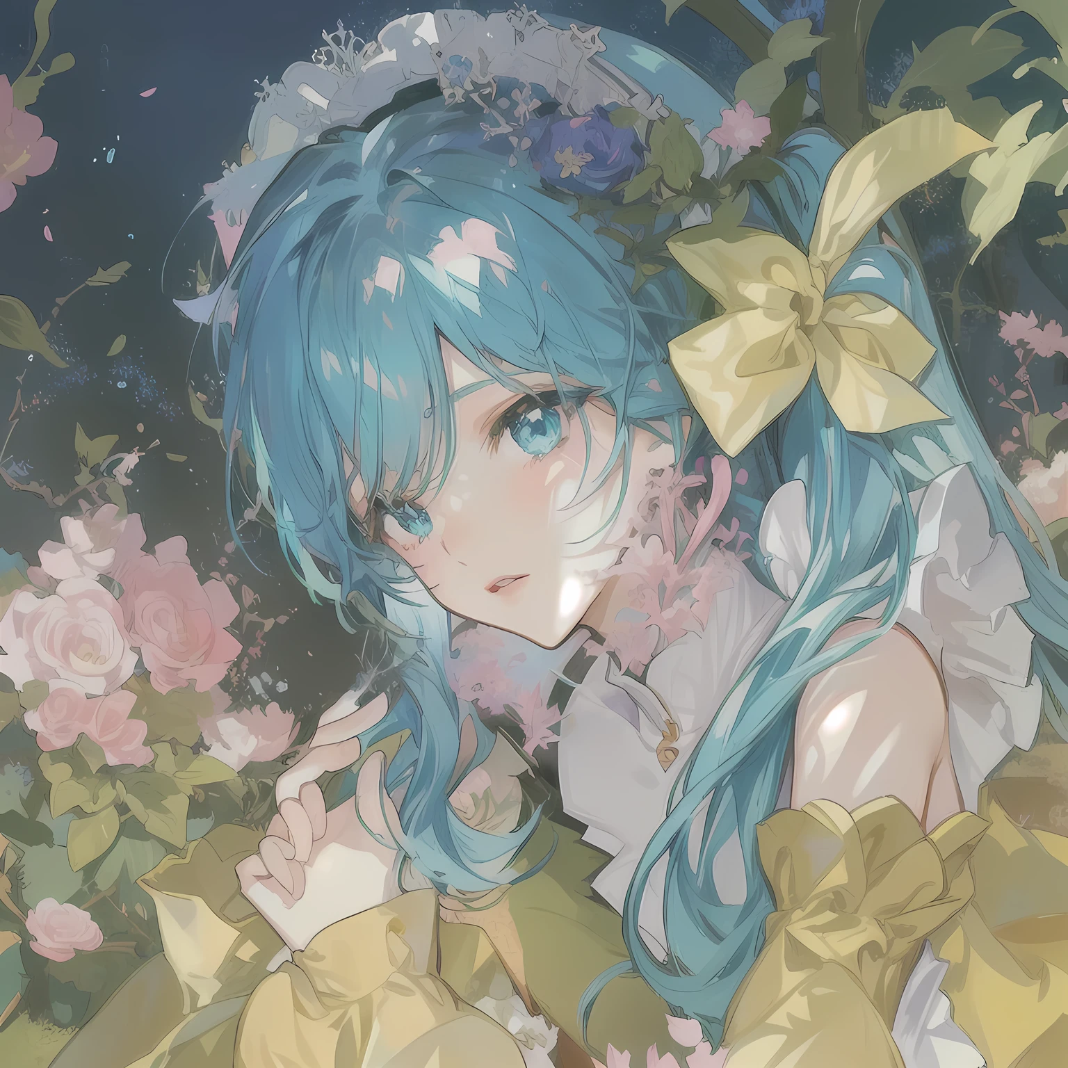 anime girl with blue hair and blue eyes holding flowers, anime girl with teal hair, dreamy psychedelic anime, portrait of hatsune miku, beautiful anime artwork, hatsune miku portrait, beautiful anime art, digital art on pixiv, beautiful anime art style, beautiful anime portrait, pixiv daily ranking, nightcore, anime illustration, detailed anime artwork, anime fantasy illustration
