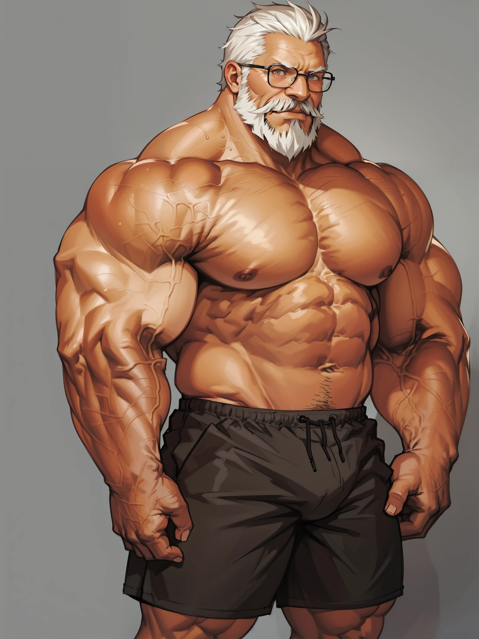 solo, 1boy, Huge Muscular Old man wearing glasses , pectoral, thick arms, huge pectoral, wide pectoral, short white hair, short pants and shirtless, bearded, mustache, simple background, masterpiece, high detailed, 8k, high resolution