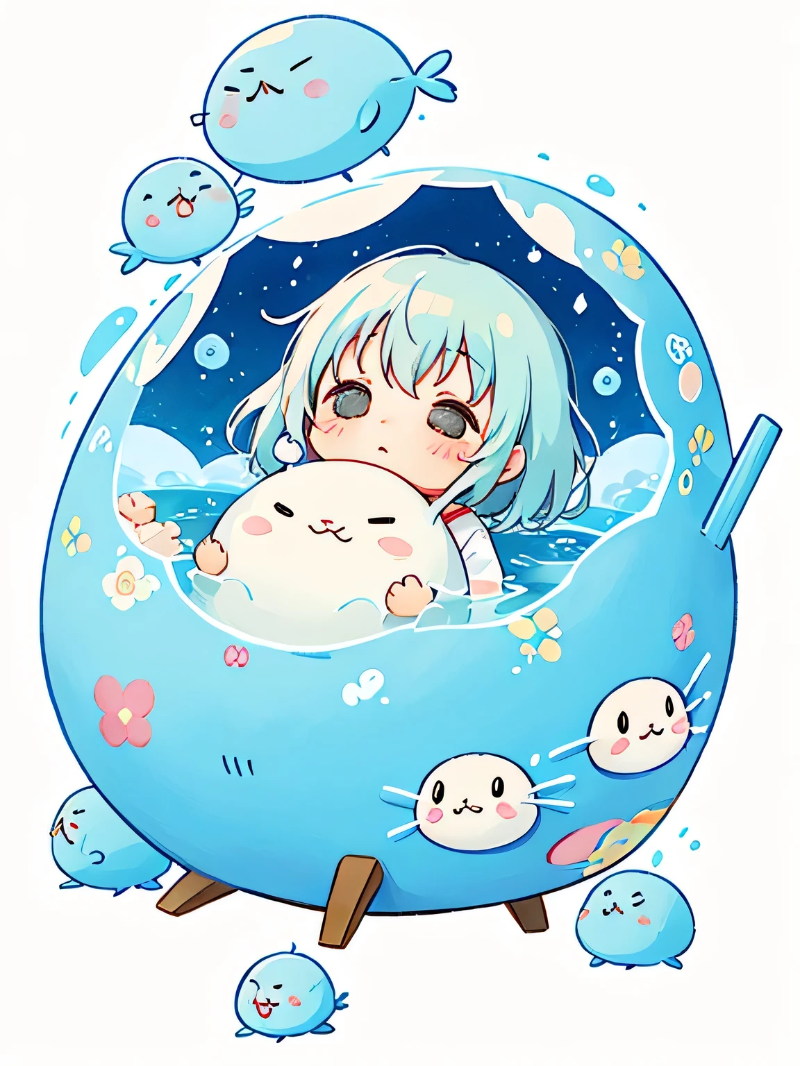 Hayao Miyazaki style、Kawaii Design, The most beautiful girl of all time、chibi, 泣き顔, 涙, Cute and colorful amoeba, nap, トトロの森
