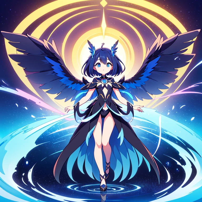 ( Zephyris is an elegant and enigmatic Pokémon with a humanoid form, embodying the grace and power of the desert winds despite its lack of visible wings. Its slender body is adorned with sleek, obsidian-like feathers that shimmer with a dark iridescence, reflecting the hues of desert sands at twilight. Zephyris moves with effortless fluidity, gliding through the air as if weightless, aided by the unseen currents it manipulates with its psychic abilities. Its eyes are deep pools of sapphire blue, conveying a sense of wisdom and unwavering determination.) Full body, beautiful eyes , 1 girl , full body , cute girl , anime style , cute eyes ,