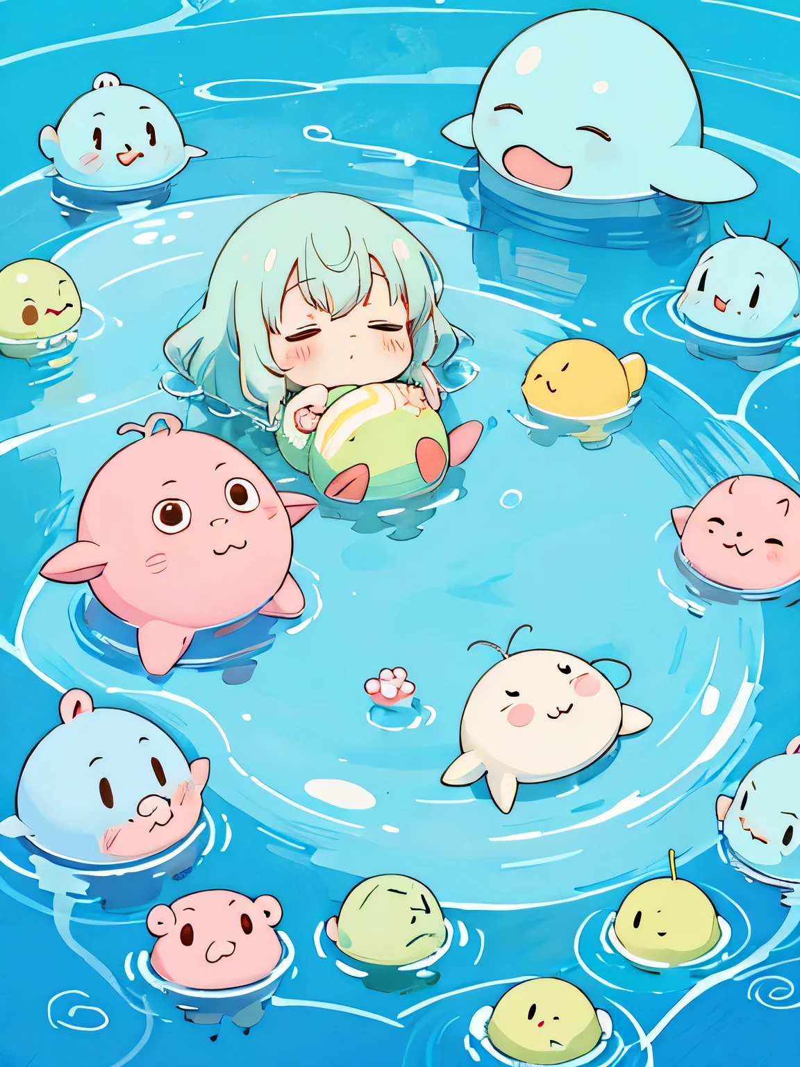 Hayao Miyazaki style、Kawaii Design, The most beautiful girl of all time、chibi, 泣き顔, 涙, Cute and colorful amoeba, nap, トトロの森