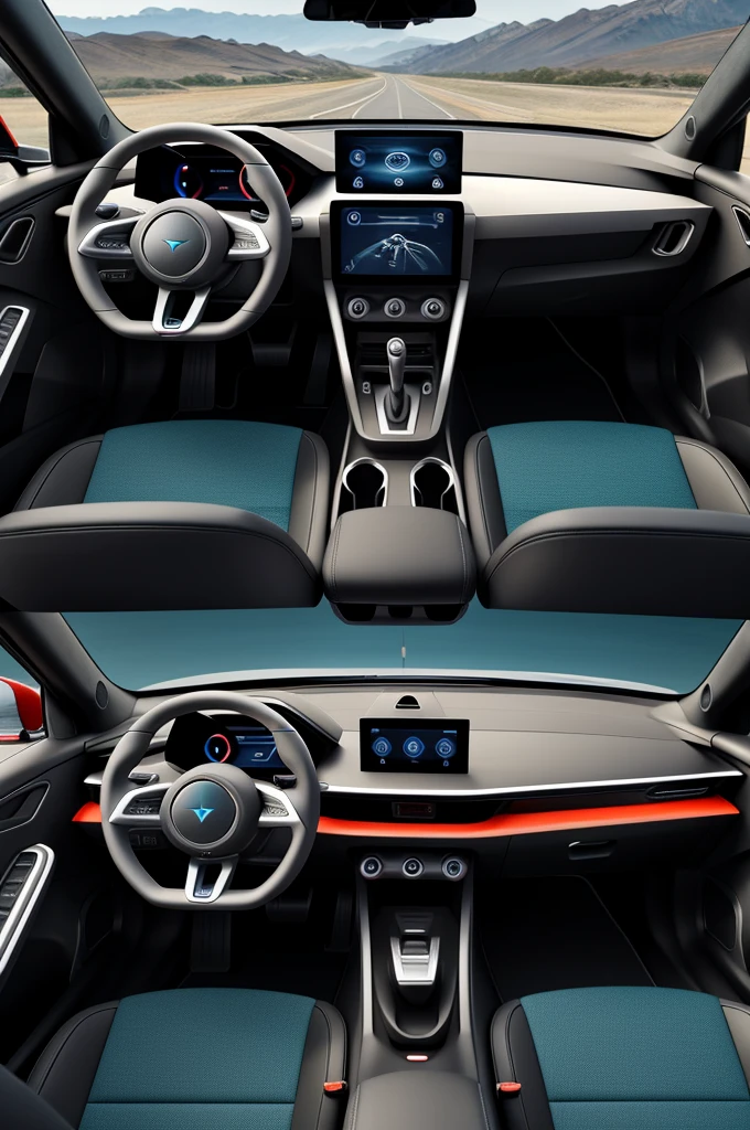 Design me the interior of a two-seater electric sports car, with a long format screen in front of the driver that in the center shows the speed and driving data and on the sides shows the images from the cameras that replace the side mirrors, in the center a 14-inch screen that has a futuristic interface and a screen that replaces the central rearview mirror