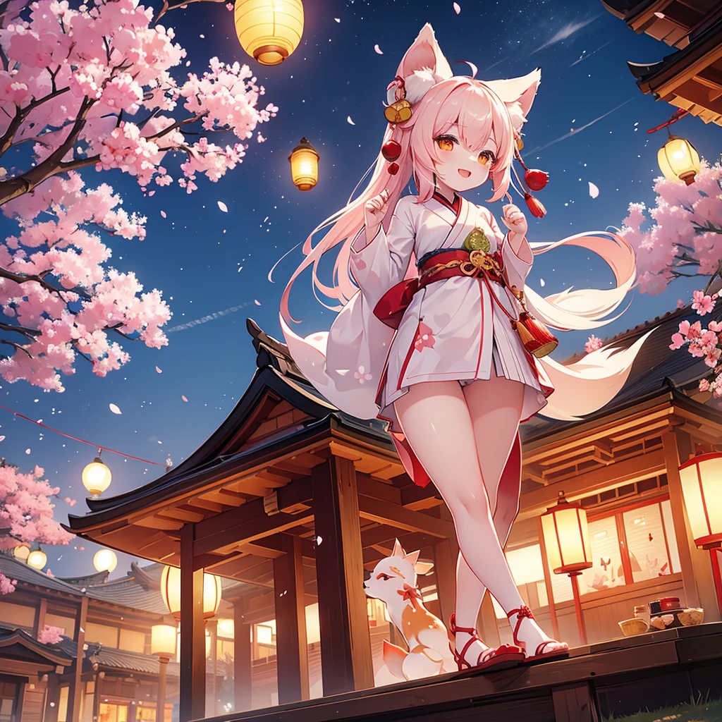 lanterns flying off into the sky, cherry blossom trees, kitsune people, happy, cheerful