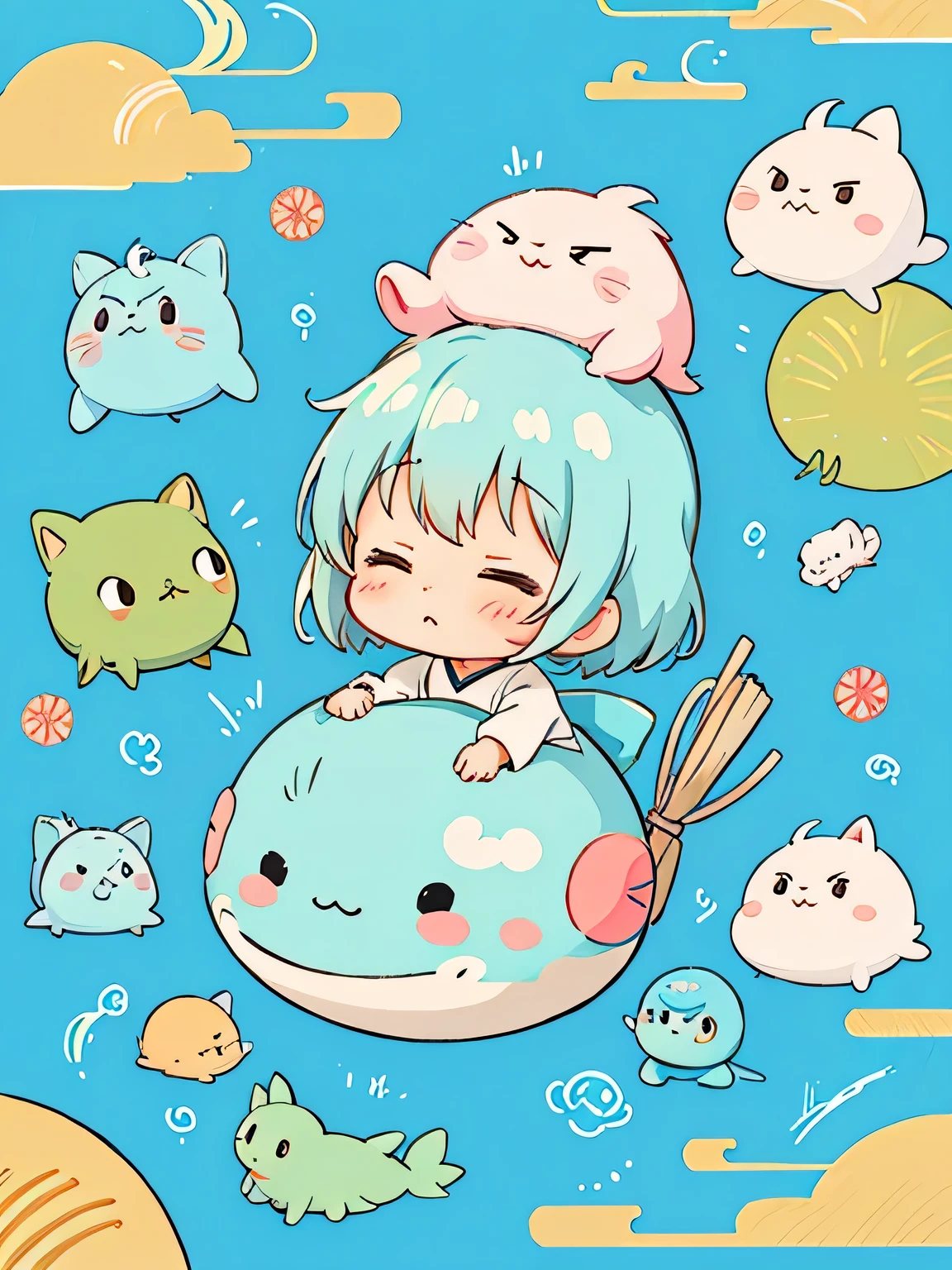 Hayao Miyazaki style、Kawaii Design, The most beautiful girl of all time、chibi, 泣き顔, 涙, Cute and colorful amoeba, nap, トトロの森
