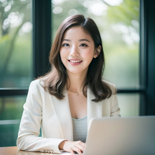 Highest quality, masterpiece, (Photorealistic:1.4), Ultra-detailed, RAW Photos, One Girl, solo, Laughter, Wearing a suit, Portrait, whole body, The whole body is shown,Meeting room background, Natural soft light, Bokeh Depth of Field,The window overlooks the park,Working on a laptop