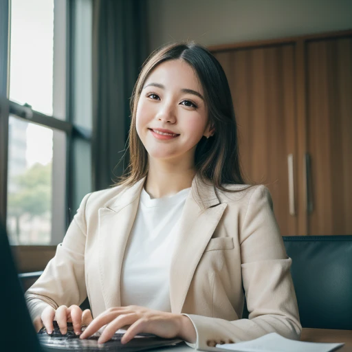 Highest quality, masterpiece, (Photorealistic:1.4), Ultra-detailed, RAW Photos, One Girl, solo, Laughter, Wearing a suit, Portrait, whole body, The whole body is shown,Meeting room background, Natural soft light, Bokeh Depth of Field,The window overlooks the park,Working on a laptop