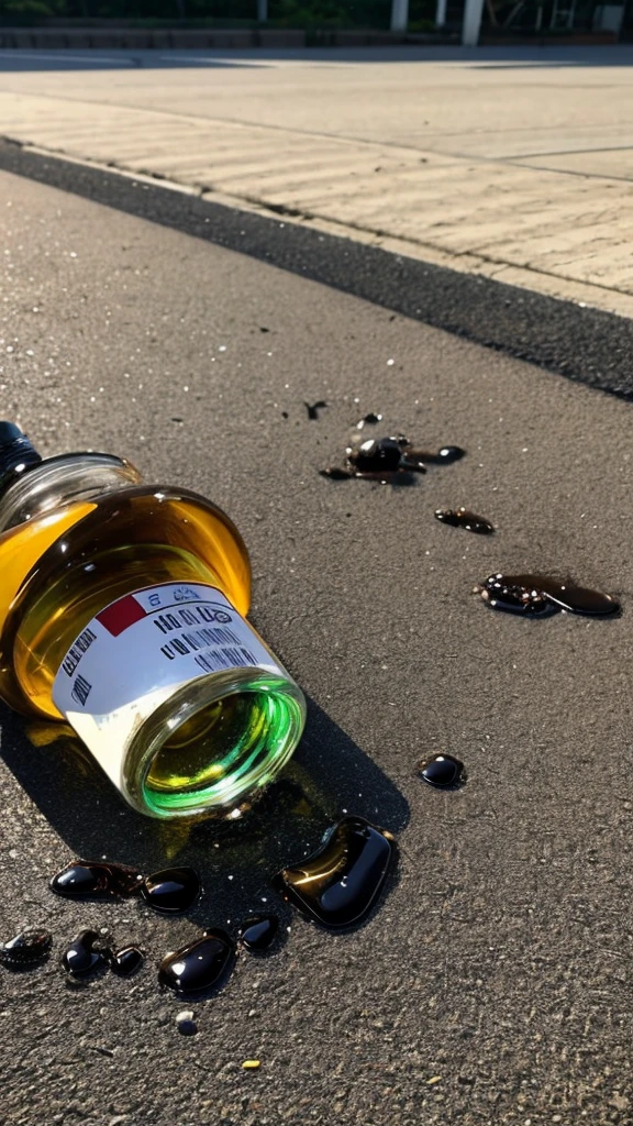 Write a descriptive scene where a bottle of oil has fallen on the ground, and the oil has spilled out onto the ground."