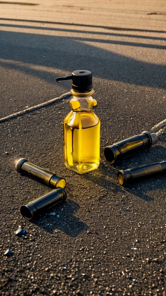 Write a descriptive scene where a bottle of oil has fallen on the ground, and the oil has spilled out onto the ground."