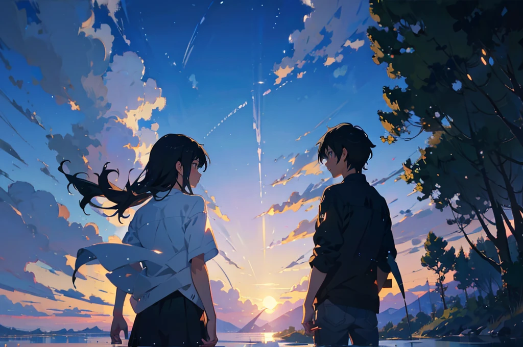 Created exquisite illustrations reminiscent of Makoto Shinkai&#39;s style, 非常に細かいディテールとHighest qualityを備えています. Cityscape at dusk,Create high quality illustrations of beautiful girls。. The overall composition should evoke a sense of nostalgia and fantasy., Intricate details that capture the essence of a moment. Notice elements like the warm glow of the setting sun casting long shadows over the city, And the calm expression of the girl looking at the view. The beauty of the sunset and the girl&#39;s serene thoughts blend together、Striving for a finely crafted work of art, Create a nostalgic and dreamy atmosphere. Highest quality, masterpiece