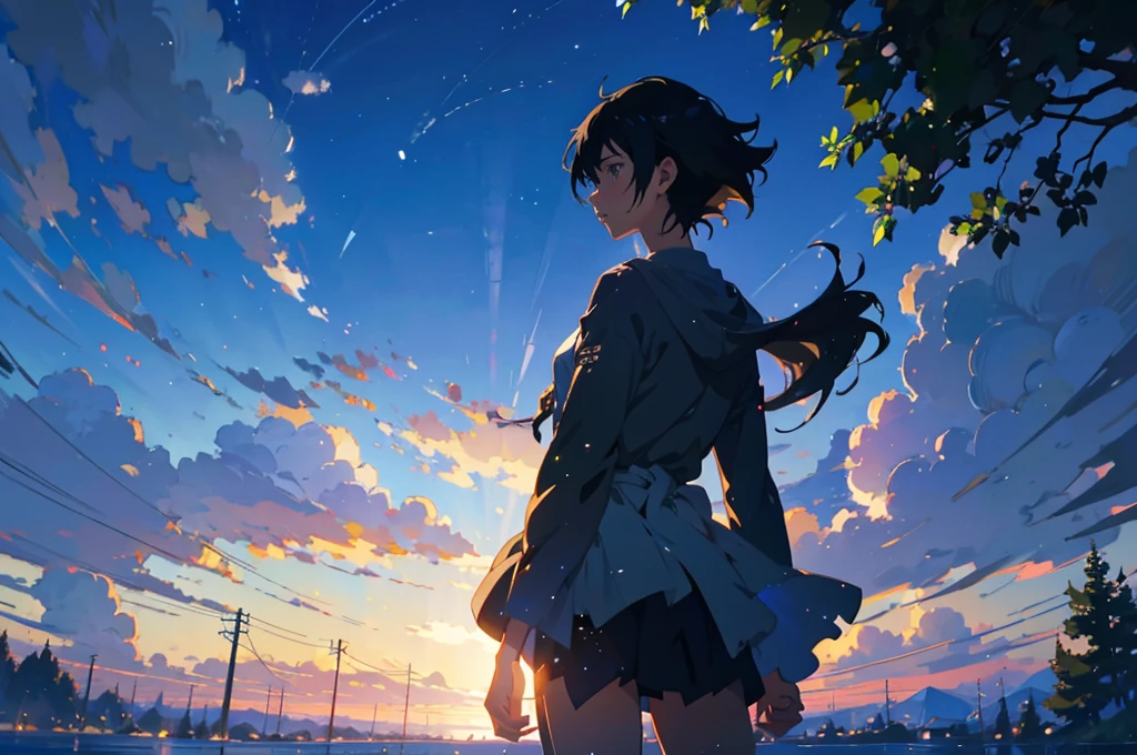 Created exquisite illustrations reminiscent of Makoto Shinkai's style, 非常に細かいディテールとHighest qualityを備えています. Cityscape at dusk,Create high quality illustrations of beautiful girls。. The overall composition should evoke a sense of nostalgia and fantasy., Intricate details that capture the essence of a moment. Notice elements like the warm glow of the setting sun casting long shadows over the city, And the calm expression of the girl looking at the view. The beauty of the sunset and the girl's serene thoughts blend together、Striving for a finely crafted work of art, Create a nostalgic and dreamy atmosphere. Highest quality, masterpiece