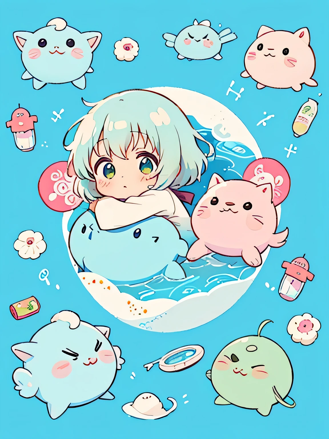 Hayao Miyazaki style、Kawaii Design, The most beautiful girl of all time、chibi, 泣き顔, 涙, Cute and colorful amoeba, nap, トトロの森