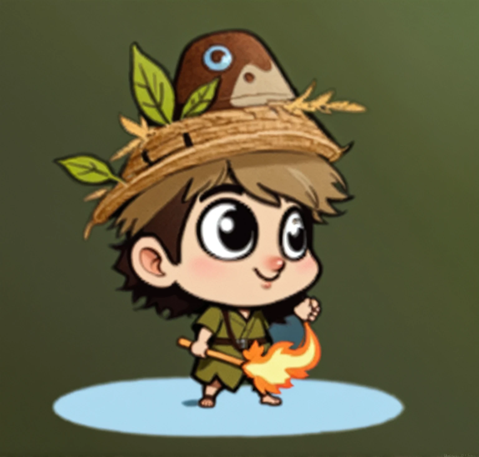 Cartoon of boy with straw hat on his head, With a wooden stick in his hand, Red Cliff, style of Maple Valley, Bob, Maple Valley, Nature Druid, Adventure Island, Maple Valley indiana jones, Adventure Island mouse, Dwarf druids, character art of Maple Valley, Platformer, very cute, very stylized, boy scout, Characters based on Haggis