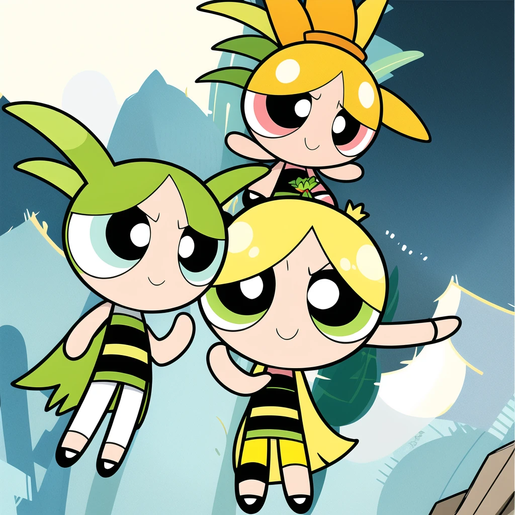 yellow short hair, smile,chibi, full body,1girl, green eyes, accessory pineapple,