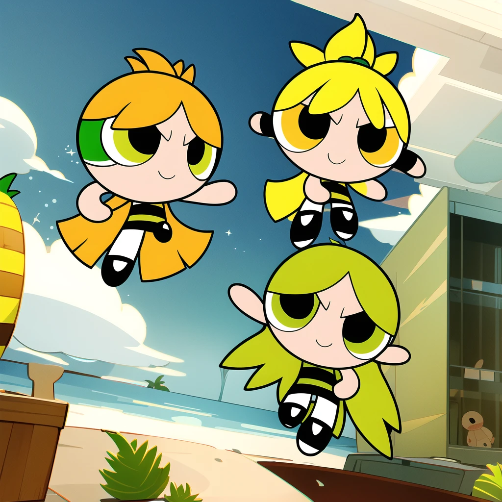 yellow short hair, smile,chibi, full body,1girl, green eyes, accessory pineapple,