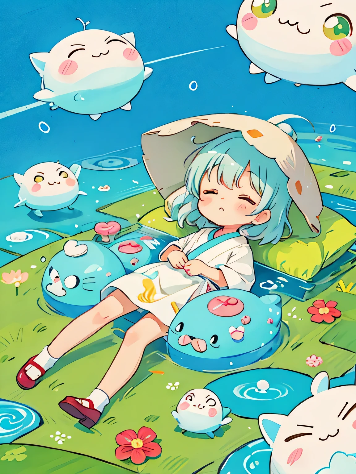 Hayao Miyazaki style、Kawaii Design, The most beautiful girl of all time、chibi, 泣き顔, 涙, Cute and colorful amoeba, nap, トトロの森