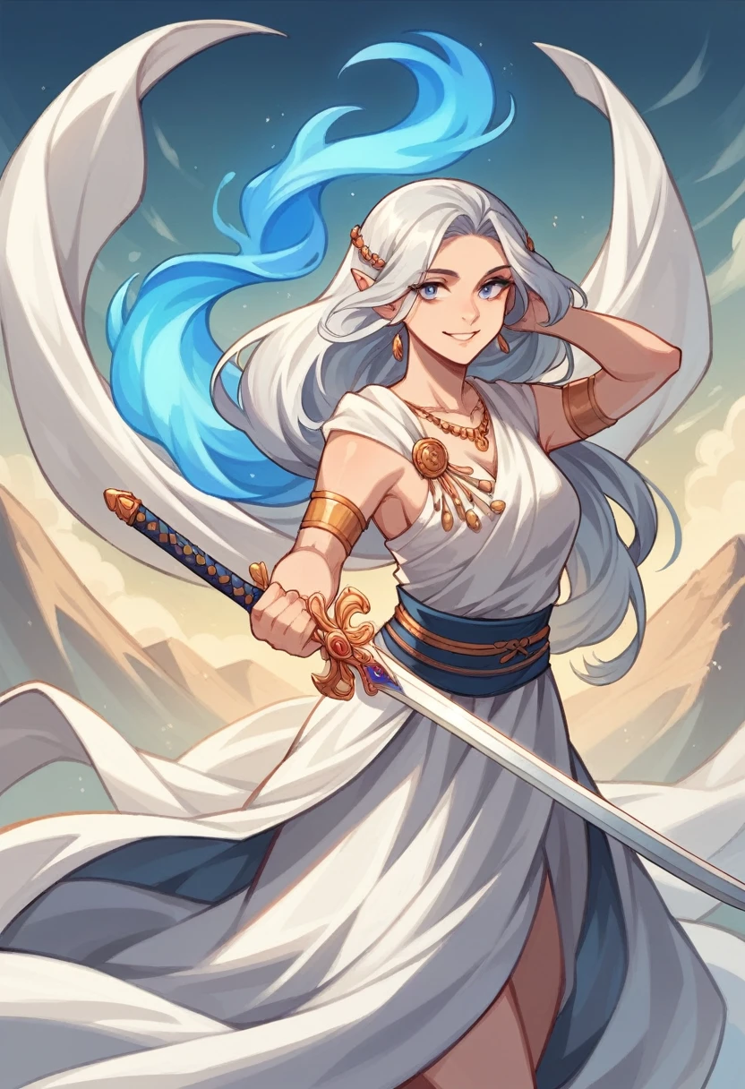 Drawing the sword of the snow mountain, Ancient style female cold ice flame sword, Blue Flame Carrying a Flaming Sword, white clothes sword dancing in the snow long hair flowing, Beautiful woman holding a silver long sword, wear jade jewelry, Her face is full of confident smile, She hangs on a cloud like a fairy, Behind her is a mountain layer , The clothes are purple and the hair is more muted..