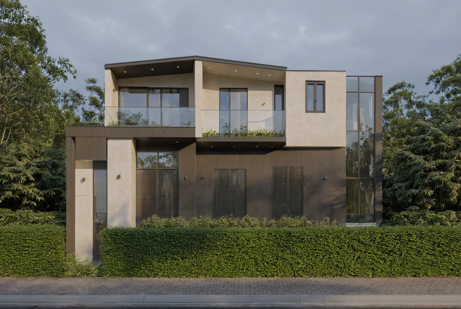 Raw photo,Masterpiece, high quality, best quality, authentic, super detail,
exterior, outdoors, house style modern on the street, glass windows, gate,
road,House on the corner of the street, pavement, trees, sky, cloud, (daylight:1.1)