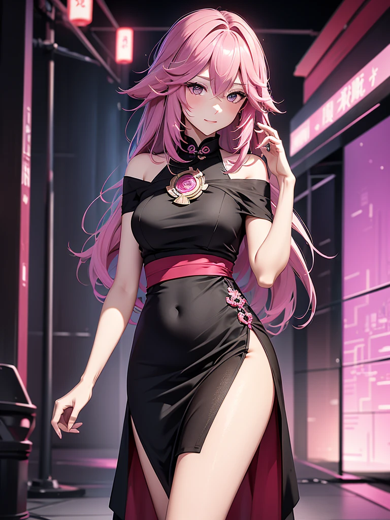 Yae miko, 1woman, wearing a modern stylish black colour party frock, mini dress, short plain black colour mini party frock, at a night party, pink colour hair, 8k, high detailed, high quality