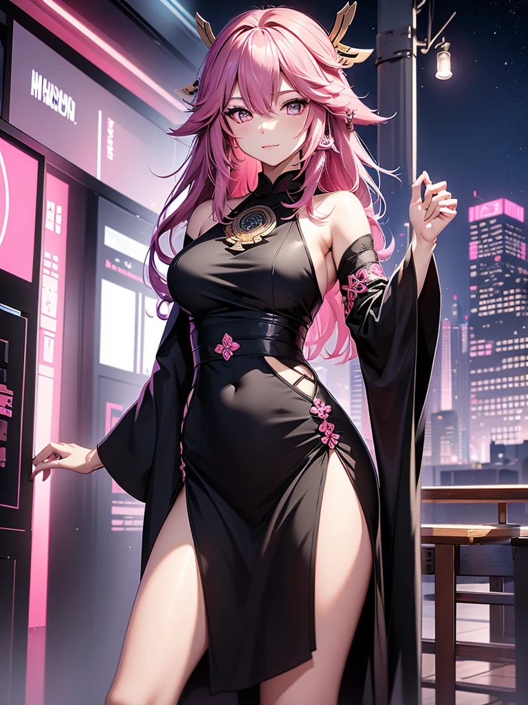 Yae miko, 1woman, wearing a modern stylish black colour party frock, mini dress, short plain black colour mini party frock, at a night party, pink colour hair, 8k, high detailed, high quality