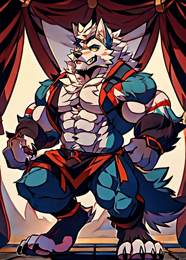 Human-wolf，musculous，Hairy all over，clawed paws，erect through