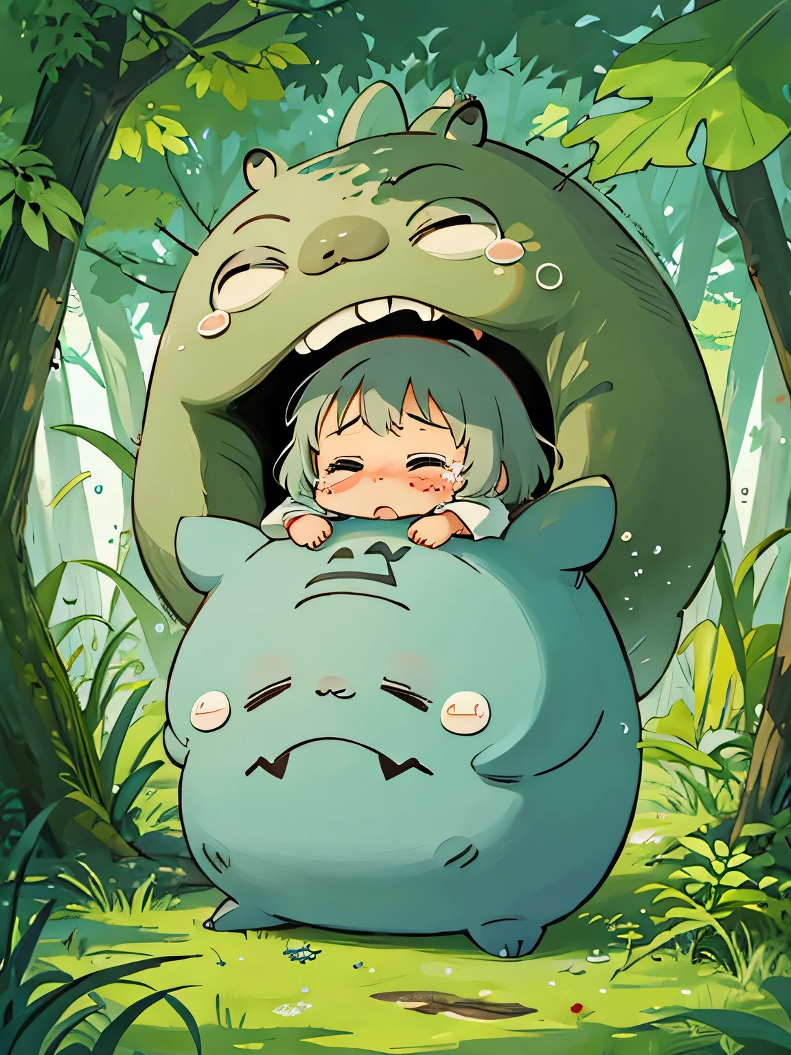 Hayao Miyazaki style、Kawaii Design, The most beautiful girl of all time、chibi, Crying face, Big tears, nap, Totoro Forest