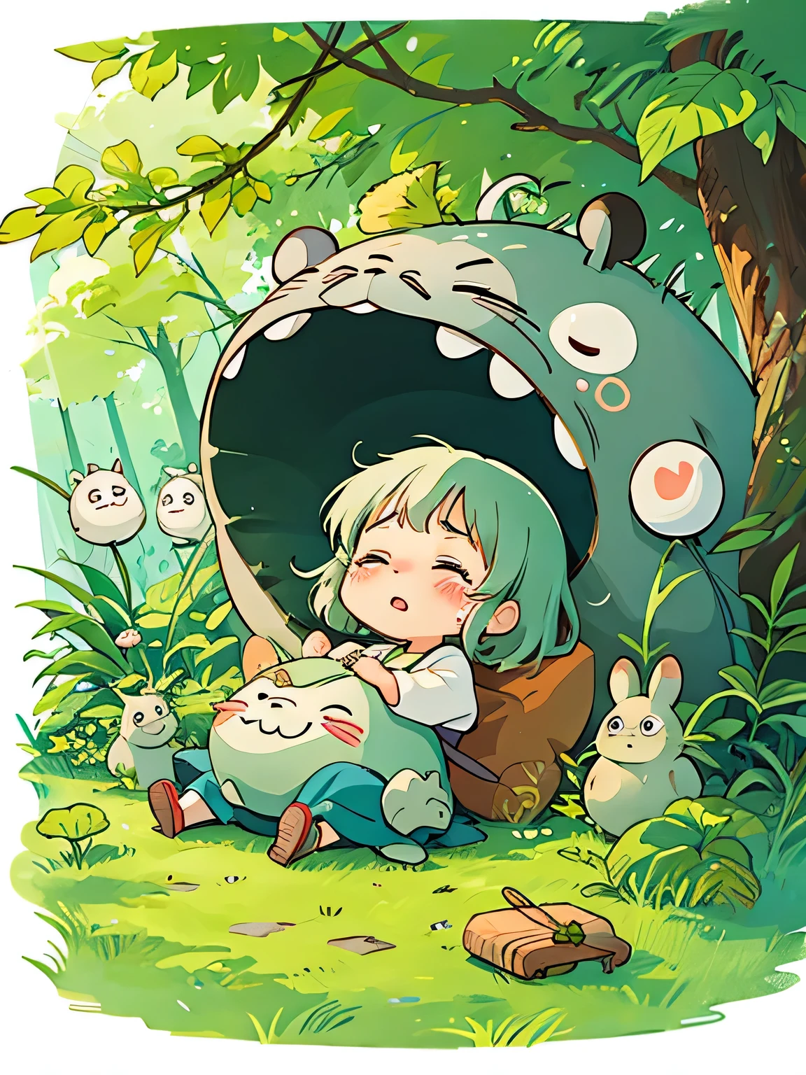 Hayao Miyazaki style、Kawaii Design, The most beautiful girl of all time、chibi, Crying face, Big tears, nap, Totoro Forest