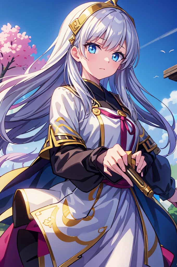 Highest quality, masterpiece, High resolution, alone, (Fire emblem),(FE Heroes_Sara),Evening sky_background,Young Girl,(smug face),(white_Hair Color), (Eye color_gold),(Bangs_Hairstyle),4K, masterpiece,, alone, 1,whole body,looking at the camera, Fumaru,(white_coat)Sharp Eyes,(Young Girl),(Full Finger), (Cane_Swing up), (The finer details), (Anatomically correct), (映画のbackground), Hyper Detail, (Subtle details), (Intricate details)