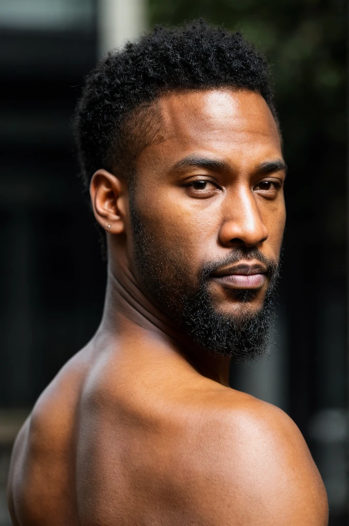 (a 35-year-old american black male), high-quality, hyperrealistic, photorealistic, 8K, street photography, short black hair, ((dark skin)), thick lips, beard covering from sideburns to mouth, stoic fashion model expression, headshot, piercing confident gaze, wearing sleeveless tops, (best quality,4k,8k,highres,masterpiece:1.2),ultra-detailed,(realistic,photorealistic,photo-realistic:1.37),HDR,UHD,studio lighting,ultra-fine painting,sharp focus,physically-based rendering,extreme detail description,professional,vivid colors,bokeh, ((from behind))