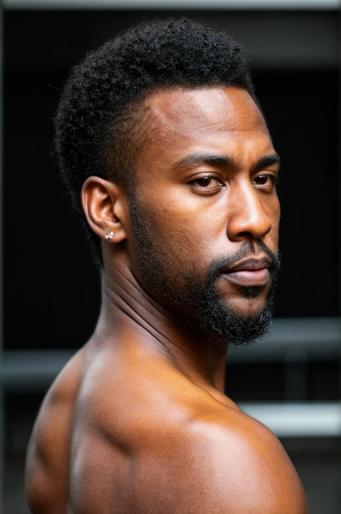(a 35-year-old american black male), high-quality, hyperrealistic, photorealistic, 8K, street photography, short black hair, ((dark skin)), thick lips, beard covering from sideburns to mouth, stoic fashion model expression, headshot, piercing confident gaze, wearing sleeveless tops, (best quality,4k,8k,highres,masterpiece:1.2),ultra-detailed,(realistic,photorealistic,photo-realistic:1.37),HDR,UHD,studio lighting,ultra-fine painting,sharp focus,physically-based rendering,extreme detail description,professional,vivid colors,bokeh, ((from behind))