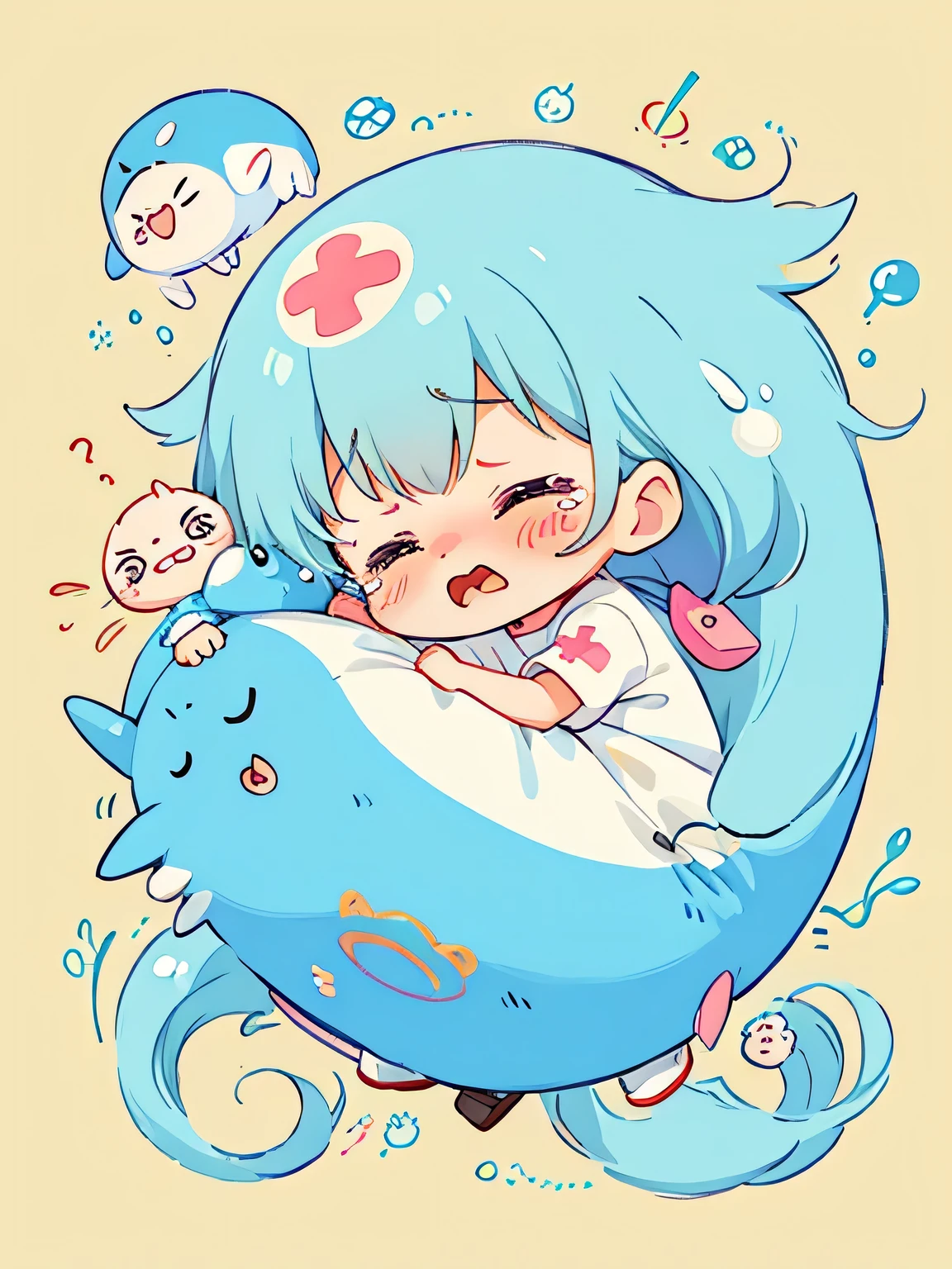 Hayao Miyazaki style、Kawaii Design, The most beautiful girl of all time、chibi, Cute and colorful amoeba, nap, Crying face, Big tears, Hospital bed
