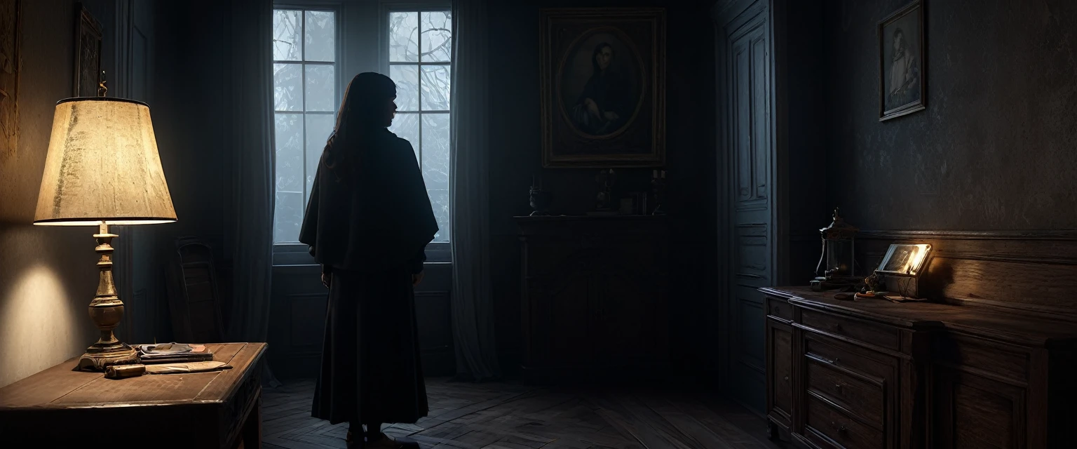 (8k, best quality, masterpiece:1.2), ultra-detailed, Masterpiece, realistic lighting,masterpiece, best quality, masterpiece, official art,extremely detailed CG unity 8k wallpaper, Render a scene where Maria appears in front of Doni in a dimly lit room. Maria is facing Doni, with her back to the camera, partially obscuring him from view. The room should have a spooky atmosphere with minimal lighting, casting eerie shadows. Maria's figure should be slightly transparent or ghostly to enhance the mysterious effect