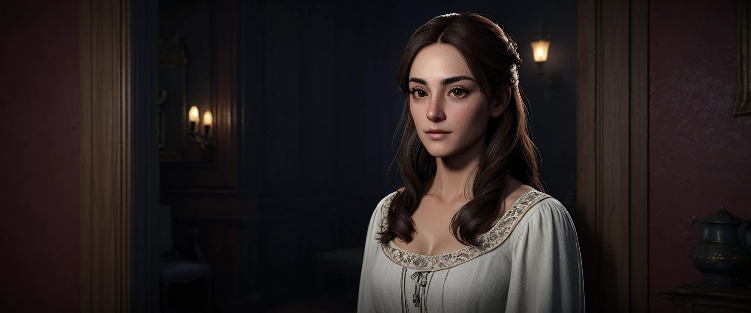 (8k, best quality, masterpiece:1.2), ultra-detailed, Masterpiece, realistic lighting,masterpiece, best quality, masterpiece, official art,extremely detailed CG unity 8k wallpaper, Render a scene where Maria appears in front of Doni in a dimly lit room. Maria is facing Doni, with her back to the camera, partially obscuring him from view. The room should have a spooky atmosphere with minimal lighting, casting eerie shadows. Maria's figure should be slightly transparent or ghostly to enhance the mysterious effect