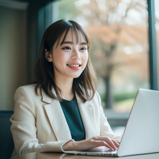 Highest quality, masterpiece, (Photorealistic:1.4), Ultra-detailed, RAW Photos, One Girl, solo, Laughter, Wearing a suit, Portrait, whole body, The whole body is shown,Meeting room background, Natural soft light, Bokeh Depth of Field,The window overlooks the park,Working on a laptop,speaking with a microphone