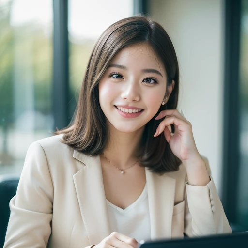 Highest quality, masterpiece, (Photorealistic:1.4), Ultra-detailed, RAW Photos, One Girl, solo, Laughter, Wearing a suit, Portrait, whole body, The whole body is shown,Meeting room background, Natural soft light, Bokeh Depth of Field,The window overlooks the park,Working on a laptop,speaking with a microphone
