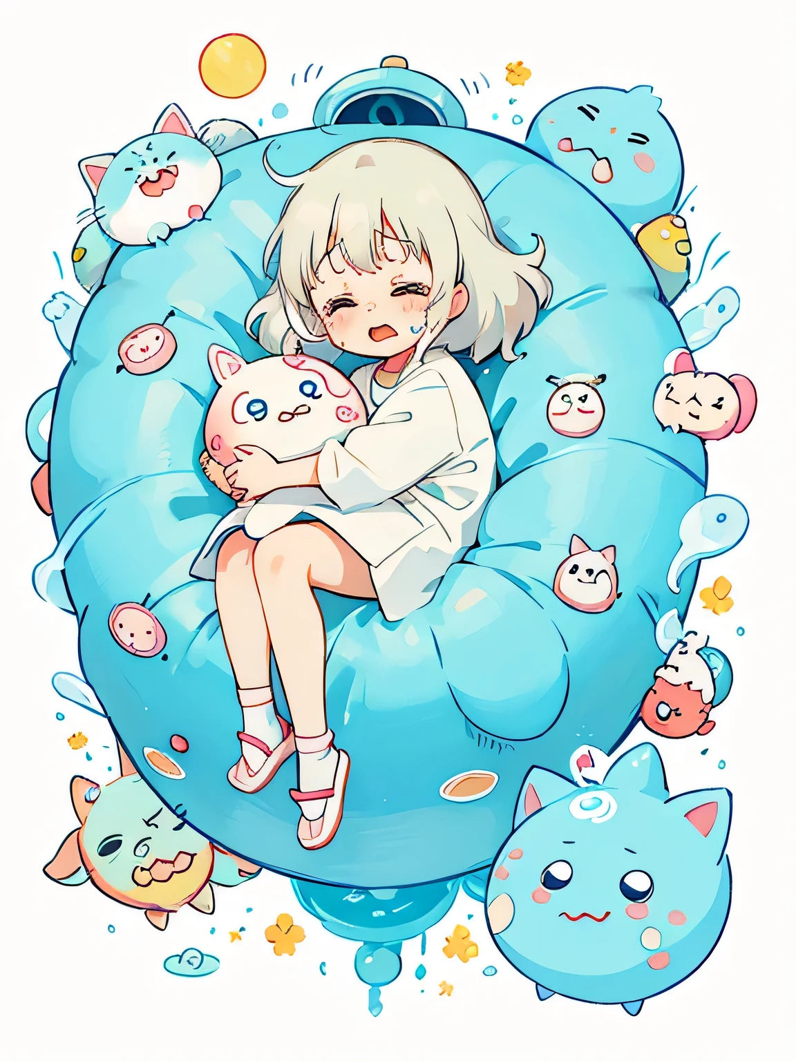 Hayao Miyazaki style、Kawaii Design, The most beautiful girl of all time、chibi, Cute and colorful amoeba, nap, Crying face, Big tears, Hospital bed