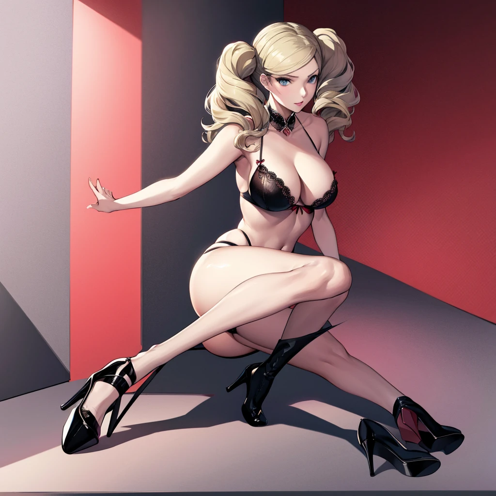 Ann takamaki. blonde hair, twin tails. blue eyes. large breasts. black lace lingerie. Stiletto heels. full growth. full body. sensual pose. solo. alone