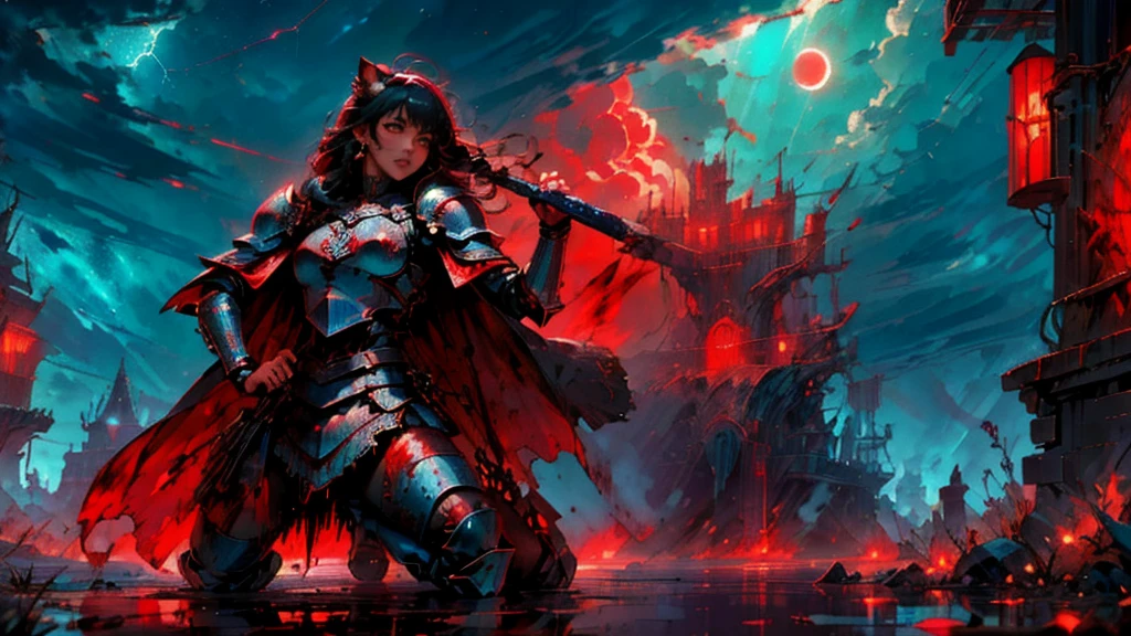 ((junkotvv)), (cabello negro, con flequillo y orejas de gato), (masterpiece, best quality, detailed, vibrant colors), fantastical, (solo), (knight), kneeling, chainmail, plate armor, sad, tears, outdoors, battlefield, (blood:1.1), tired, exhausted, windy, backlight, cape, tragic, dramatic, (night), red moon, moonlight, thunderstorm, lightning, clouds, blood pond, wrenchsfantasy, fantasy, glowing