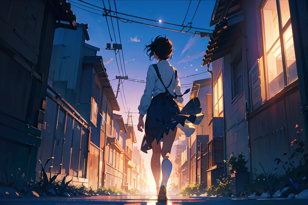 Created exquisite illustrations reminiscent of Makoto Shinkai&#39;s style, 非常に細かいディテールとHighest qualityを備えています. Cityscape at dusk,Create high quality illustrations of beautiful girls。. The overall composition should evoke a sense of nostalgia and fantasy., Intricate details that capture the essence of a moment. Notice elements like the warm glow of the setting sun casting long shadows over the city, And the calm expression of the girl looking at the view. The beauty of the sunset and the girl&#39;s serene thoughts blend together、Striving for a finely crafted work of art, Create a nostalgic and dreamy atmosphere. Highest quality, masterpiece