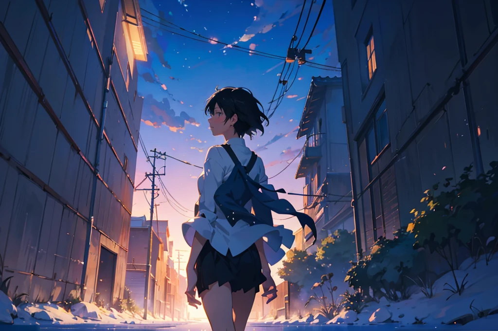 Created exquisite illustrations reminiscent of Makoto Shinkai's style, 非常に細かいディテールとHighest qualityを備えています. Cityscape at dusk,Create high quality illustrations of beautiful girls。. The overall composition should evoke a sense of nostalgia and fantasy., Intricate details that capture the essence of a moment. Notice elements like the warm glow of the setting sun casting long shadows over the city, And the calm expression of the girl looking at the view. The beauty of the sunset and the girl's serene thoughts blend together、Striving for a finely crafted work of art, Create a nostalgic and dreamy atmosphere. Highest quality, masterpiece