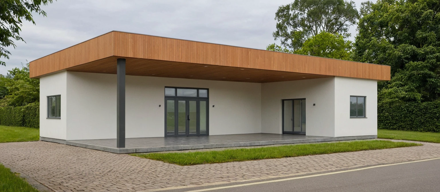 Photo brute,head of&#39;artwork, High quality, best quality, authentique, great detail,
Outside, En plein air, style de maison moderne dans la rue, glass windows, grille, wooden ceiling,
road,pavement, trees, sky, nuvens, (day light:1.1)