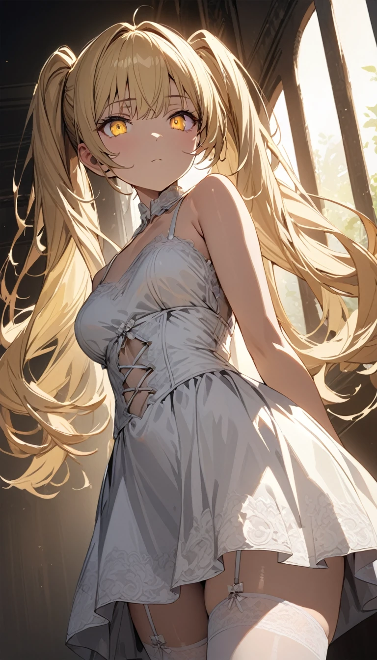a handsome girl, solo,
blonde long hair, twintails, bangs, yellow eyes, bright eyes,
white corset dress, garter rings, white tights,
expressionless,
perfect lighting, best angle,
masterpiece, best quality, extremely detailed face, extremely detailed