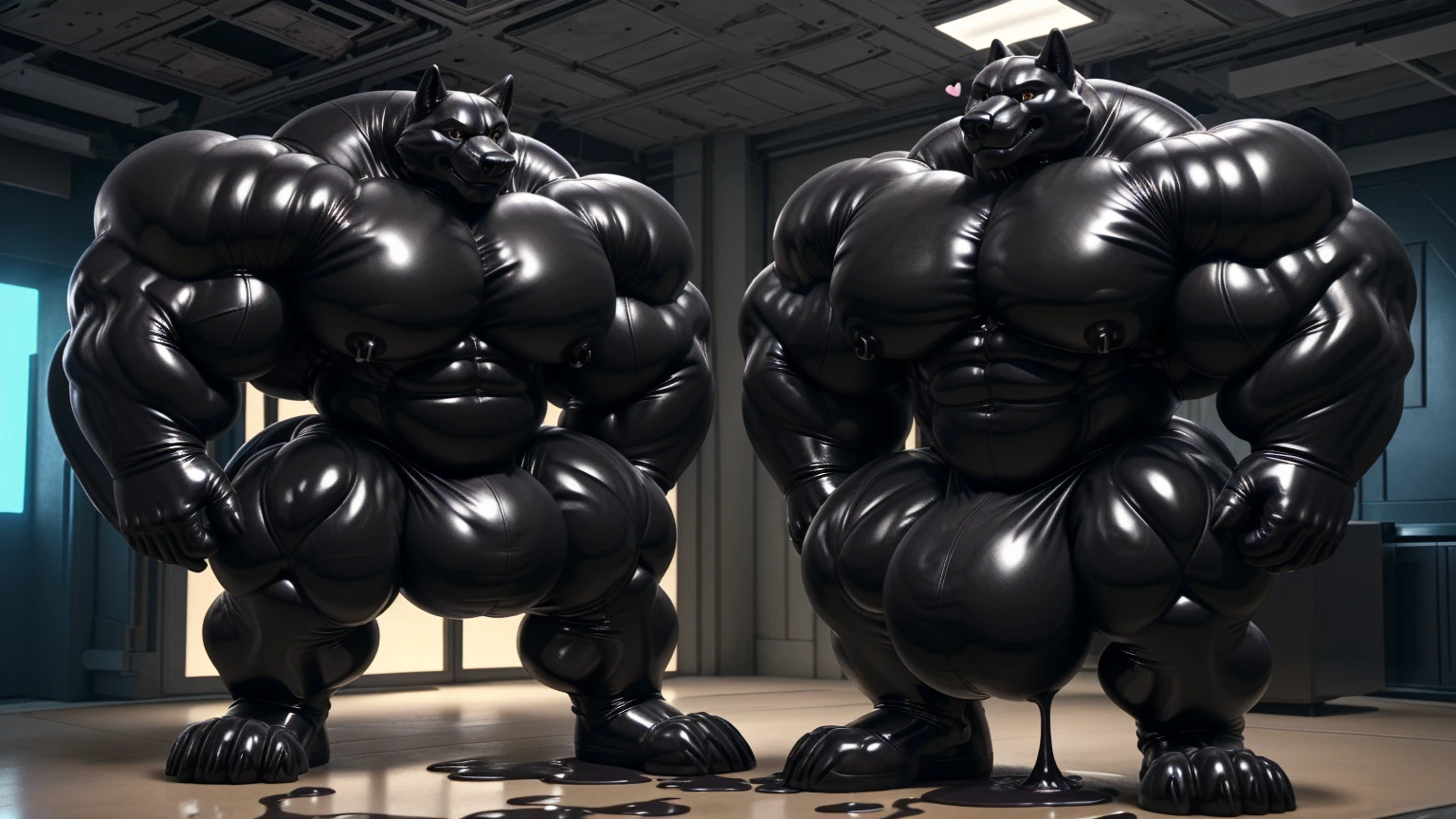 solo, male, , , ,  (hyper pecs:1.2), （long thick thighs:1.5）, standing, indoor,，(，,(,solo,very hyper muscles:1.3)((, Huge bulge：1.3))）（corruption)), black glowing liquid，（((liquid_latex, , rubber:1.2)，,black latex，goo transformation，(gooey)()(l），unreal engine,perfect light，detailed, photorealistic, 4k, hd, , , , good anatomy, , (), ,, high quality, best quality, concept art, photorealistic, wolf,(<3)