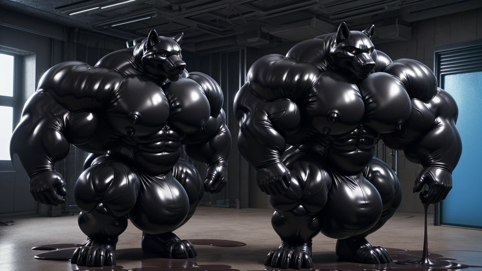 solo, male, , , , (hyper pecs:1.2), (long thick thighs:1.5), standing, indoor,,(,,(,solo,very hyper muscles:1.3)((, Huge bulge:1.3)))(corruption)), black glowing liquid,(((liquid_latex, , rubber:1.2),,black latex,goo transformation,(gooey)()(l),unreal engine,perfect light,detailed, photorealistic, 4k, hd, , , , good anatomy, , (), ,, high quality, best quality, concept art, photorealistic, wolf,(<3)