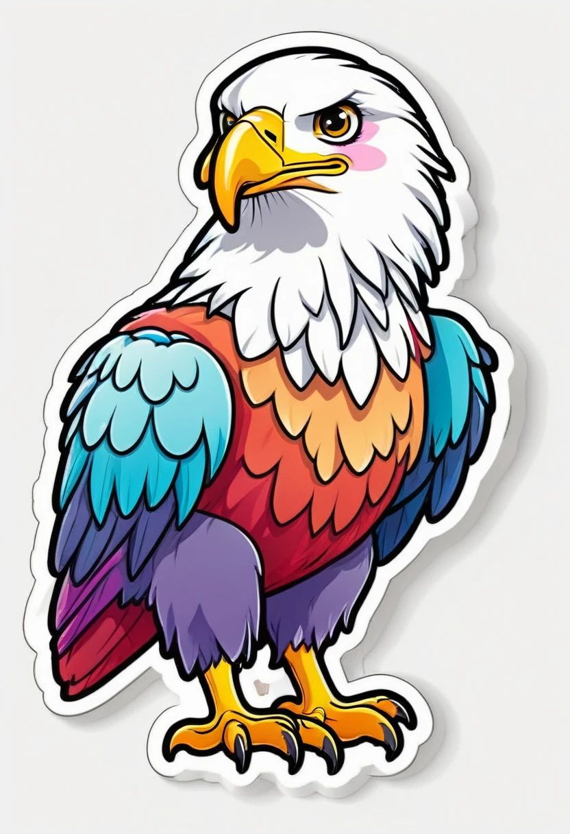 sticker, happy colored eagle, kawaii, outline, vector, white background