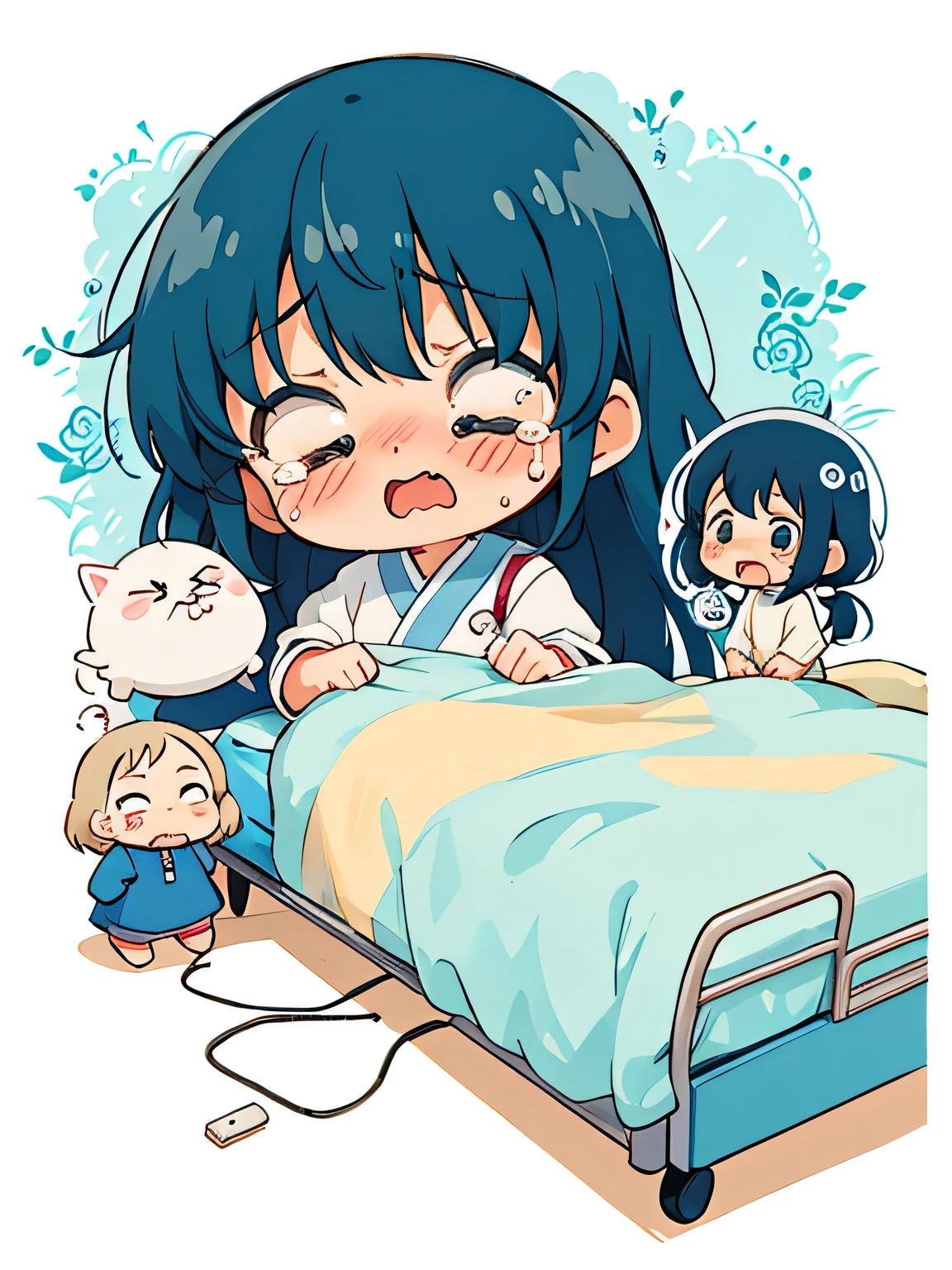 Hayao Miyazaki style、Kawaii Design, The most beautiful girl of all time, chibi, Crying face, Big tears, hospital bed, 